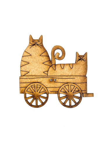 Botón de madera con forma de Dos gatos subidos en un carro, botón decorativo.